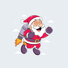 Happy cartoon Santa Claus character flying with a futuristic jetpack for a fast Christmas delivery. Modern vector illustration of a jolly Saint Nicholas soaring through the sky with a rocket pack