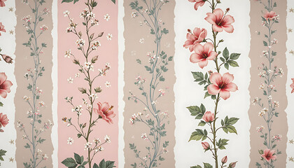 Vintage botanical seamless pattern with pink flowers and vertical stripes.