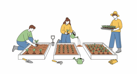 People Gardening Together in Raised Beds, Wearing Masks.