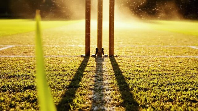 Cricket pitch in golden sunlight with wickets, grass, and a blade of grass