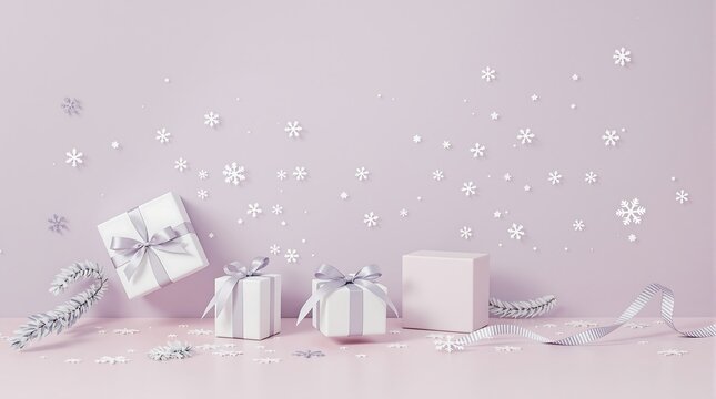 Stylish gift boxes with ribbons and snowflake decorations on pastel background almost exactly ninety nine