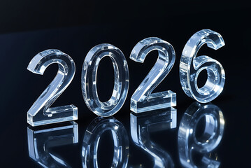 Elegant 2026 year number in clear crystal on black reflective backdrop representing clarity and anticipation for upcoming time