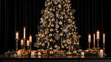 Elegant christmas tree with golden ornaments snowflakes and candles for festive holiday season