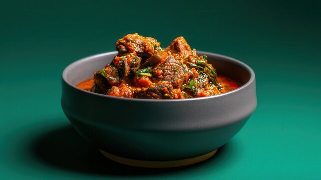 Margat Bamia, Iraqi Okra Stew With Tender Lamb, Graces a Modern Bowl Against a Deep Green Backdrop, Inviting Warmth