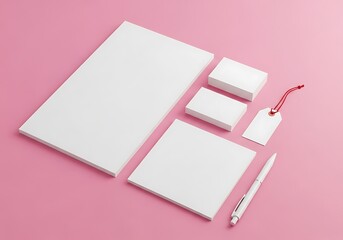 Clean stationery branding mockup with pen and tag on pink background