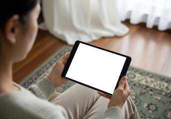 Person holding a blank screen tablet device while sitting on a rug