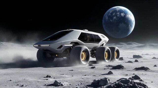 Autonomous lunar explorer moves across cratered moon surface