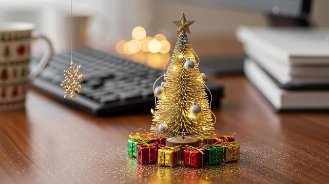 Festive miniature Christmas tree with glowing lights and tiny gifts on a wooden office desk, creating a cheerful holiday atmosphere for the workspace.