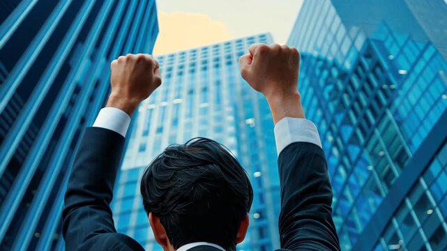 Embracing Skyline Triumph: A figure, arms raised triumphantly against a backdrop of towering skyscrapers, embodies ambition, success, and the relentless pursuit of goals.