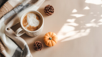 Fototapeta premium Cozy autumn scene with coffee pumpkin and pine cones a warm and inviting image for seasonal promotions or fall-themed designs