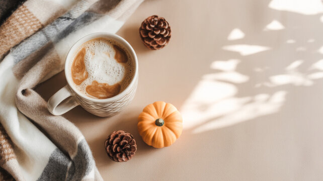 Cozy autumn scene with coffee pumpkin and pine cones a warm and inviting image for seasonal promotions or fall-themed designs