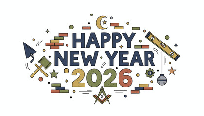 Happy New Year 2026 greeting illustration featuring construction tools and masonry symbols on white