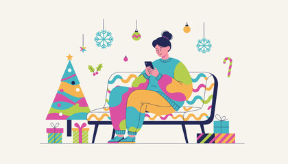 Woman using smartphone near festive Christmas decorations Holiday connection and cozy winter leisure