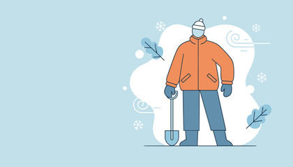 Man shoveling snow in warm winter clothes against a snowy background illustration