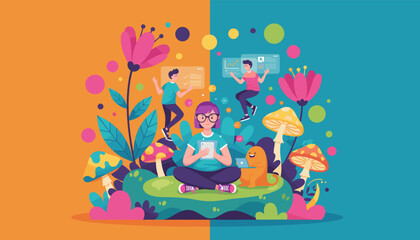 Creative woman managing tasks in a surreal colorful nature scene balancing work and imagination