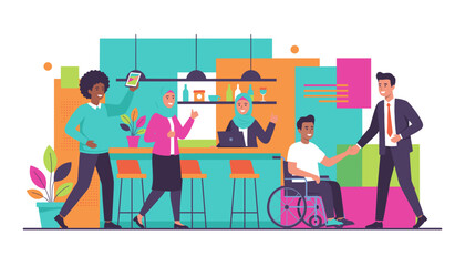 Diverse team collaborating in a modern office promoting inclusion partnership and successful business