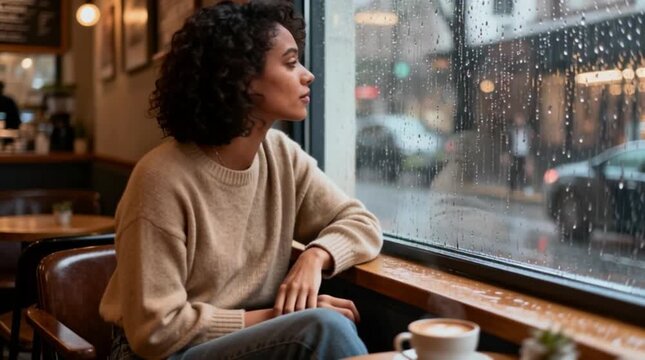 A young woman sitting in a cozy coffee shop on a rainy afternoon. Women Day, International Women Day, Happy Women Day, Happy International Women Day
