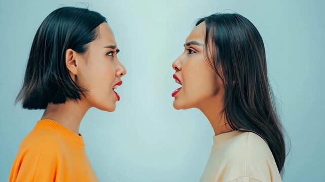 Confrontation: Two women in an intense disagreement, faces contorted in anger, their voices rising in a heated exchange.
