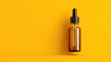 Bottle of Essential Oil Stands Against a Sunny Yellow Backdrop in a Minimalist Studio Setting