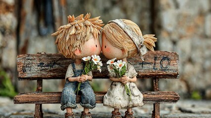 Adorable Boy and Girl Couple Figurines Kissing on Bench: Handcrafted Vintage Statues of Love and Friendship