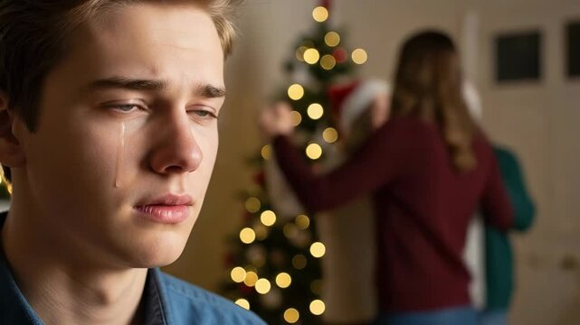 Close-up of a sad young Caucasian man crying, feeling lonely and excluded during a blurred Christmas holiday celebration