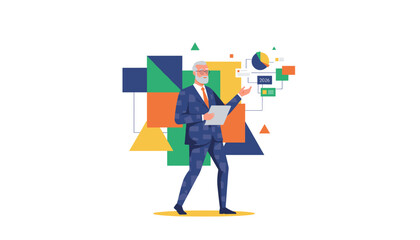 Elderly consultant presenting strategic financial data and tech analysis