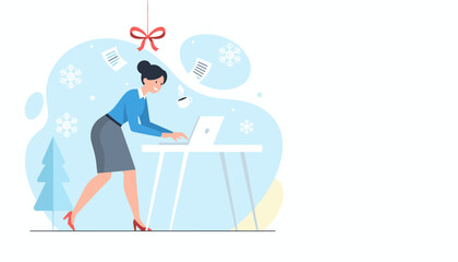 Businesswoman happily working on a laptop during the winter holiday season illustration concept