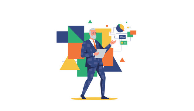 Elderly consultant presenting strategic financial data and tech analysis