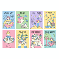 Cute doodles illustrating mental health goal setting gratitude and mindful journaling