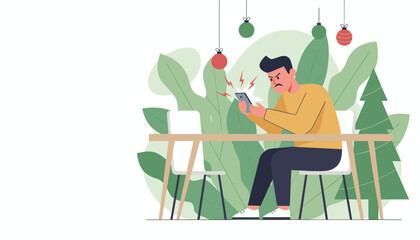 Frustrated man receives bad news on his phone in a decorated setting holiday stress concept