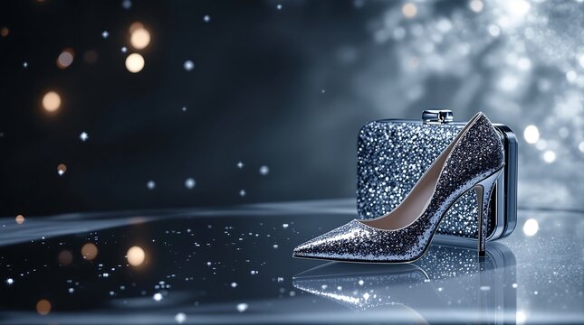 Elegant high heel shoe with shiny handbag for luxury night on dark background sparkles