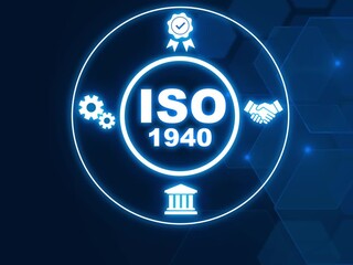 ISO 1940 acronym, a widely accepted reference for selecting rigid rotor balance quality. Showing ISO 1940 icons on virtual screen.