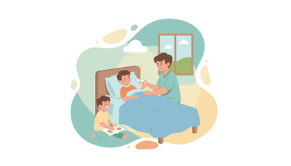 Home care Father uses a thermometer on his ill son showing family support and health