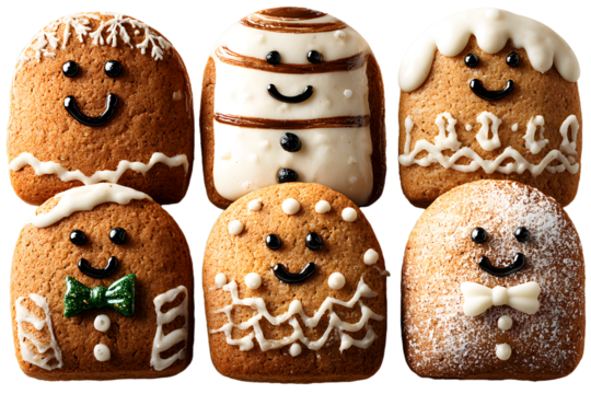 Collection of various gingerbread men cookies isolated on transparent background