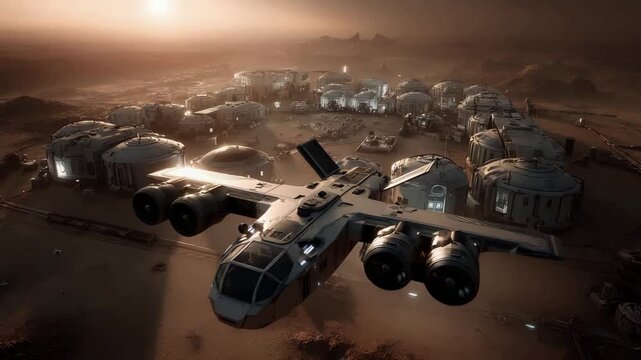 Logistics aircraft approaching Martian outpost during warm dusk light