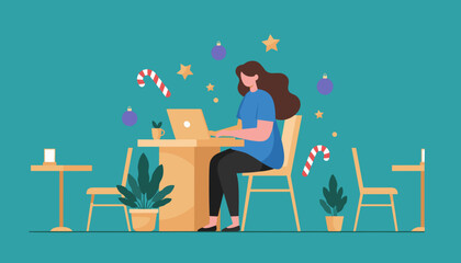 Woman working remotely on a laptop surrounded by festive Christmas decorations Holiday freelancer