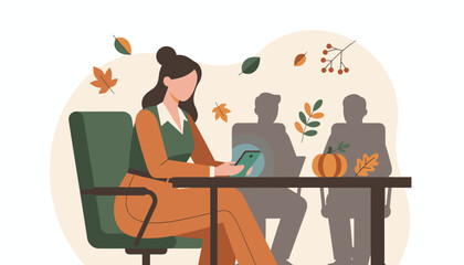 A businesswoman uses her phone at a fallthemed meeting mixing work and seasonal concepts