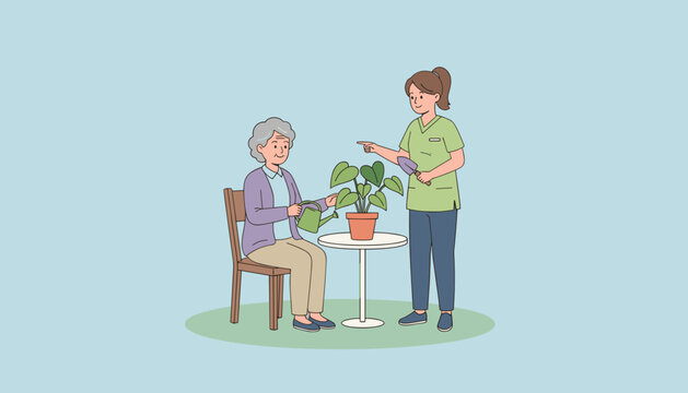 Caregiver helps senior woman enjoy gardening promoting elder care therapy and leisure activities