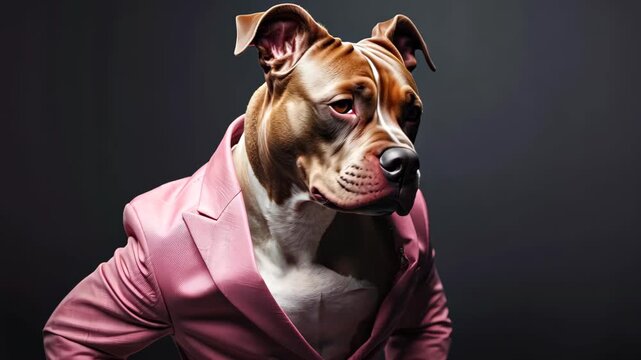 Stylish canine portrait in pink suit: A dignified dog in a formal pink suit, exuding confidence and charisma against a sleek, dark backdrop.