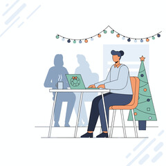 Employee working on laptop in an office decorated for Christmas holidays Seasonal business concept
