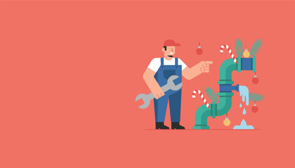 Plumber holding wrench fixes a leaky Christmasdecorated pipe