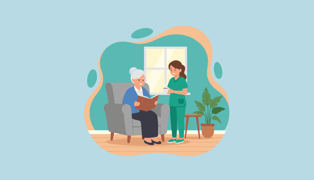 Nurse assists happy senior woman reading a book Home care assistance and compassionate service