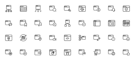 Windows & Applications icon set. Minimal line web icns. Includes symbols for bowser, website, search, pament, shopping, design, prgramming and more. Editabl vector.