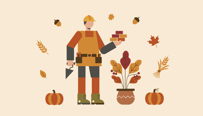 Flat illustration of a construction worker holding bricks surrounded by autumn harvest elements