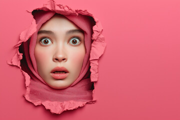 A young woman wearing a white hijab peeks through a torn hole in a bright paper background with a look of wide-eyed surprise. It symbolizes shock, unexpected news, revelation, discovery, 