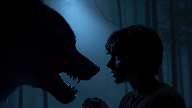 A boy and a wolf in a dark forest facing each other in growing mutual understanding and cautious interaction.