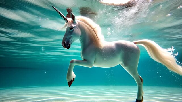 Mystical underwater Unicorn: A majestic unicorn glides through the shimmering turquoise depths. Its pristine white coat and spiraling horn stand out against the underwater landscape.