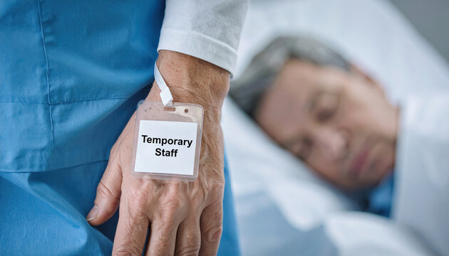 Temporary staff member in hospital sign of healthcare labor market shortages. serious doctor attends patient in bed highlighting critical issue in medical care
