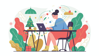 Happy woman working on laptop at a festive Christmas desk Holiday remote work and business concept
