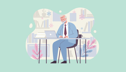 Senior professional working on laptop at desk Remote business concept illustration in winter setting